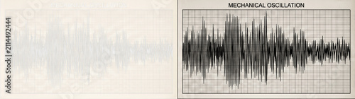 Mechanical oscillation sound wave graph, vintage technical paper background with white grid lines and audio frequency signal, abstract scientific pattern for physics project, data analysis or tech