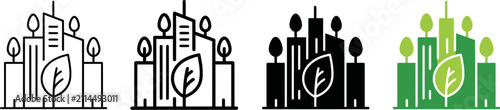 Sustainable green city icon set, eco friendly urban environment vector, 4 nature architecture symbols for smart city development and ecology Ediable path.