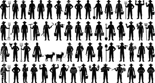 Farmer Silhouette Collection with Agricultural Workers in Various Standing Poses Vector Set