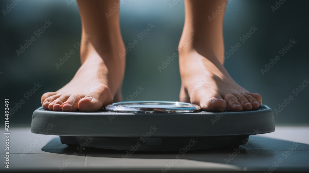 Fototapeta premium Person standing on bathroom scale checking weight in morning light from window