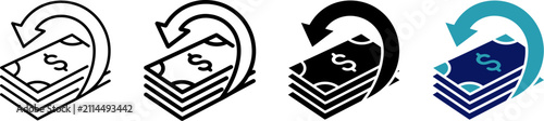 Bild auf Leinwand Cashback icon set with money back guarantee symbols, 4 vector icons of dollar bills with return arrows, financial refund and payment reversal graphics Ediable path