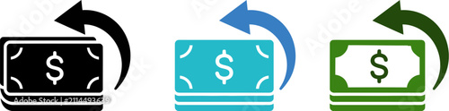 Konstfotografi Cashback icon set with dollar bills and return arrows, money refund vector symbols, financial transaction and payment reversal graphics Ediable path