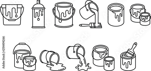 Paint cans spray bottles brushes dripping renovation and creative art workshop outline line icon set.