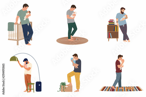 Foto Collection of flat illustrations featuring young fathers in pajamas tenderly holding their newborn babies in various home settings