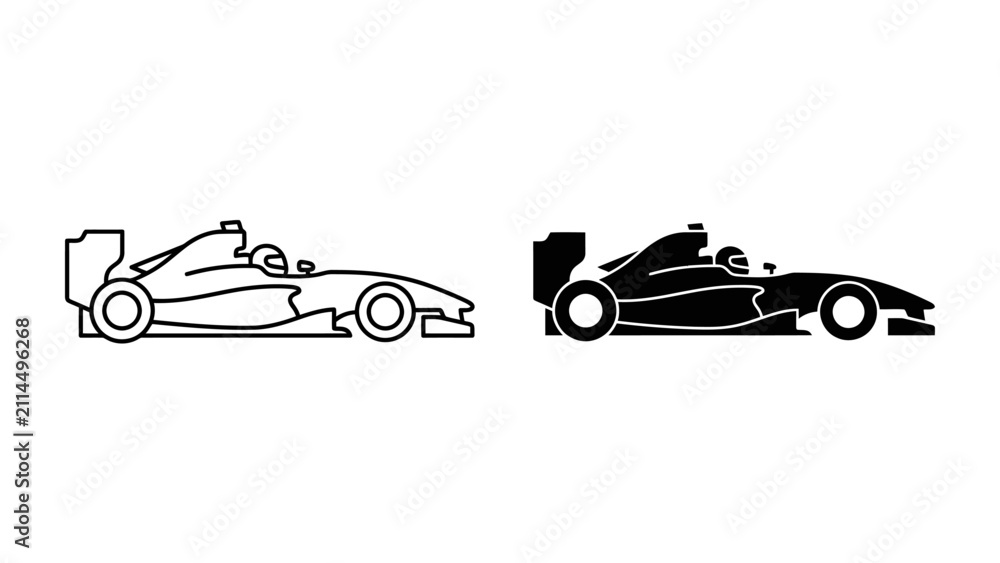 Naklejka premium Racing Car Silhouette: Two stylized representations of a Formula 1 racing car, one in outline and the other as a solid silhouette, depict speed and competition.