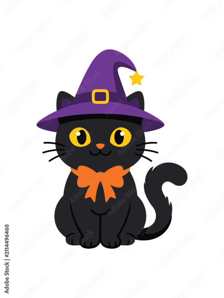 Fototapeta premium Cute Black Cat Wearing Purple Witch Hat Halloween Vector Illustration