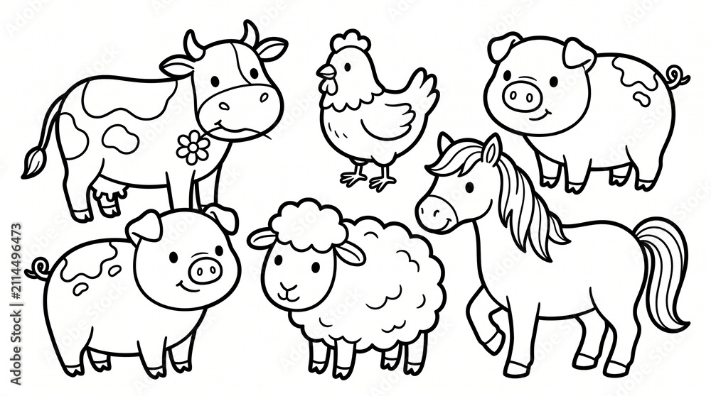 Fototapeta premium Cute farm animals collection for children coloring page black and white outline illustration.