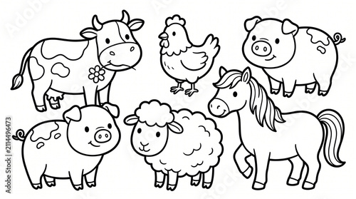 Cute farm animals collection for children coloring page black and white outline illustration.