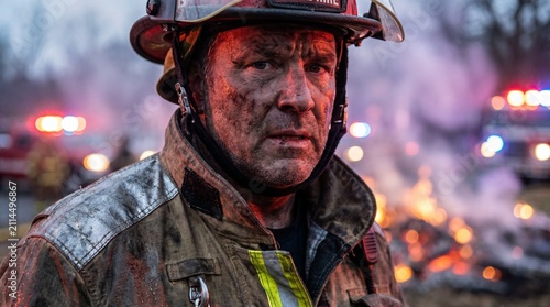 Exhausted firefighter in turnout gear. Brave rescue worker at a fire scene.