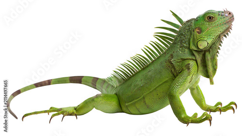 Fotografie Green iguana reptile with spiky crest and banded tail