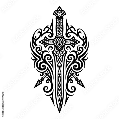 Vintage Black Fleur de Lis Vector Sketch with Ornate Floral Tribal Swirls Butterfly Wings Cross Symbol and Decorative Pattern Illustration Design