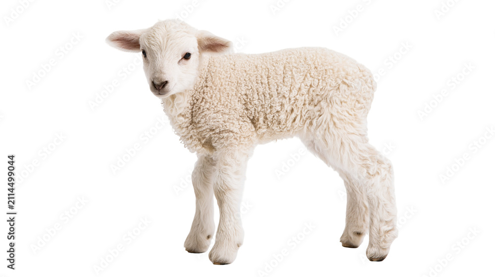 Fototapeta premium Young white lamb standing on white