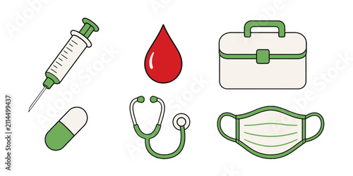 Medical icon set with syringe blood drop and face mask