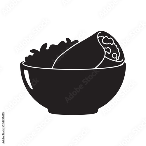 Black bowl with burrito and chips