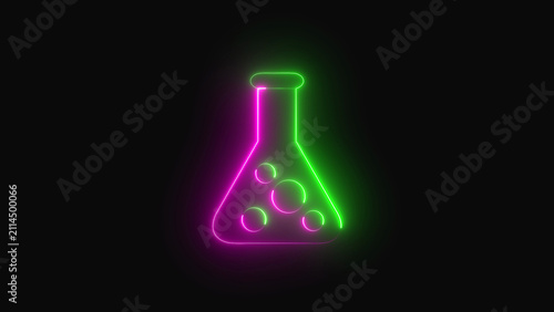 Neon glowing chemical flask icon with bubbles inside representing science and laboratory experiments in vibrant purple and green colors isolated on a dark background for modern technology design