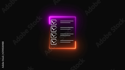 Glowing neon sign icon of a document page with lines of text written on it in a vibrant purple and orange color scheme isolated on a dark background for modern digital interface and web design