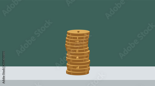 Gold coin stack wealth accumulation concept flat vector illustration for personal finance management and savings marketing
