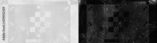 Distressed grey film leader texture with scratches and technical frame markings, vintage analog aesthetic with checkerboard patterns for creative overlay, grunge background design for video projects