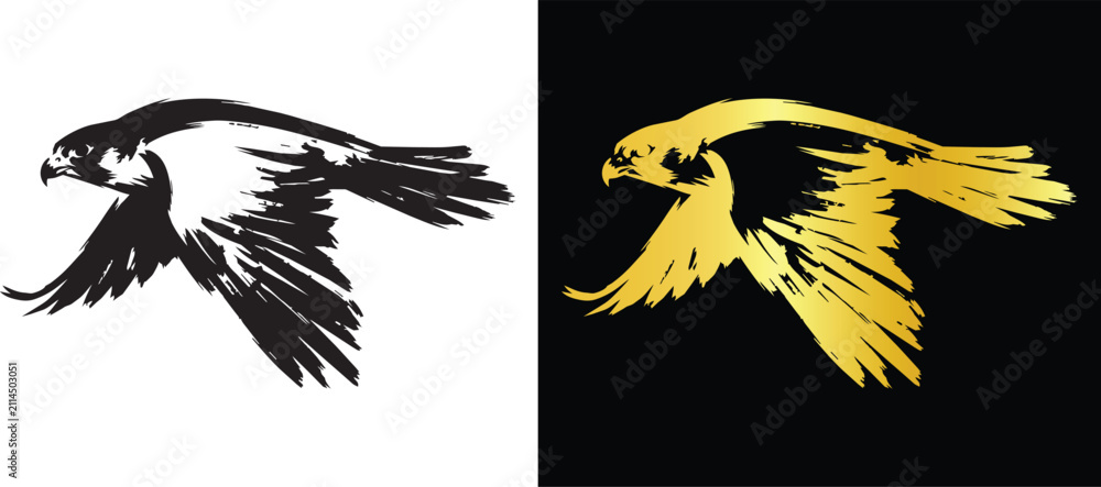 Fototapeta premium Majestic Flying Falcon Silhouette Vector Artwork in Black and Gold for Crest Logo and Emblem Design