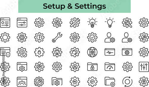 Setup and settings line icons set featuring gears wrenches sliders user profiles maintenance options system optimization symbols collection vector