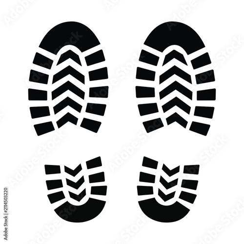 Foto Boot print vector icon, pair of shoe footprint tread marks, black footsteps illu