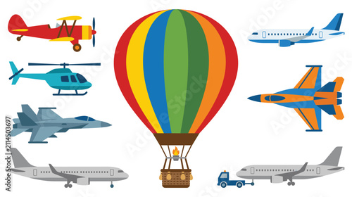 Cuadro en lienzo Air transport collection featuring hot air balloon commercial planes and military jets art