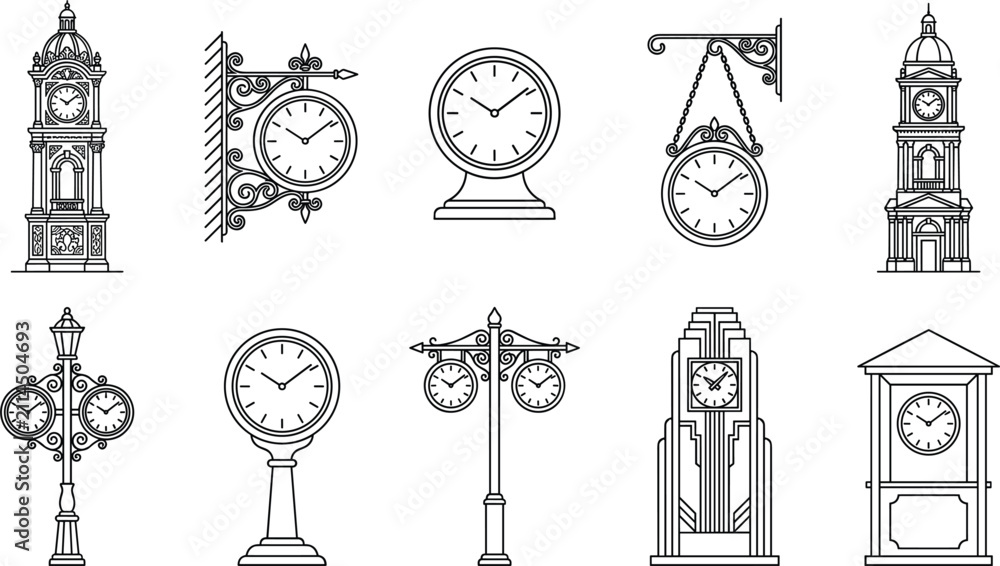 Naklejka premium Vintage street timepieces vector collection including architectural clock towers retro lamp posts hanging station dials and pillar clocks