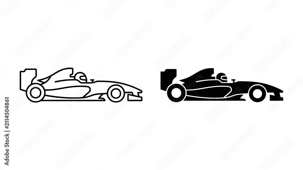 Fototapeta premium Racing Car Icon: A minimalist illustration featuring a sleek racing car, presented in both outline and solid black silhouette, symbolizing speed and competition.