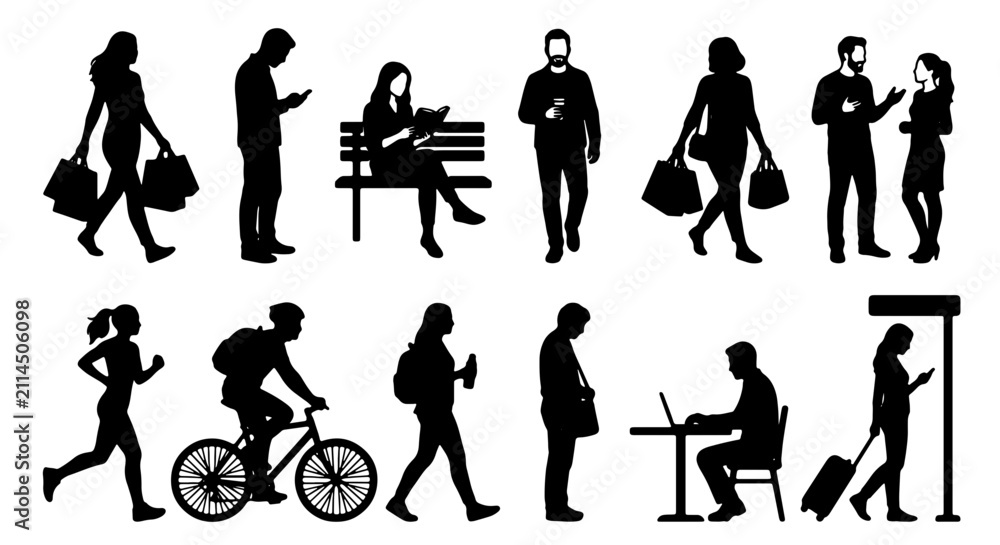 Obraz premium Diverse Silhouette People Collection, Vector Icons for Modern Lifestyle, Business, and Urban Scenes