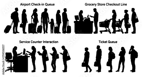 Queue Line Silhouettes: Airport Check-in, Grocery Store, Service Counter, Ticket Waiting - Vector Icons for Customer Service and Waiting Scenarios