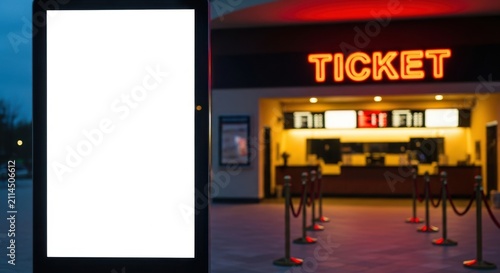 Blank vertical billboard display stand in front of a movie theater ticket counter at night