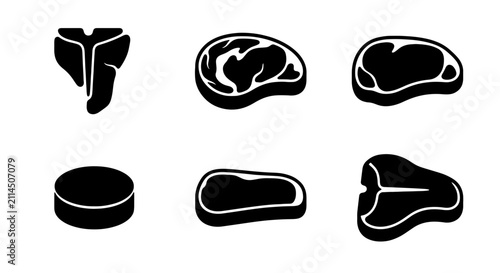 Cuadro en lienzo Six Black Silhouette Steak Cuts Vector Icons, Butcher Shop Food Graphics, Premiu