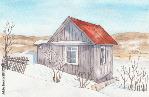 Watercolor painting of a rustic wooden house with a red roof in a snowy countryside landscape. Cozy rural cabin surrounded by bare trees and rolling hills, capturing a peaceful winter atmosphere in a 