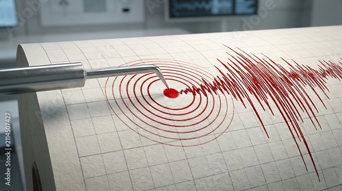 Seismograph recording intense seismic activity on paper graph roll with activity