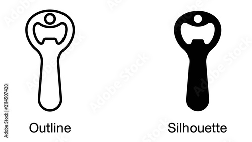 Quadro su tela Bottle Opener Icons: A comparison of a bottle opener in outline and silhouette form, showcasing two distinct graphic representations of a common bar tool