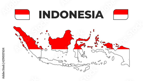 Vector illustration of Indonesia country map silhouette with national red and white flag pattern. Features Indonesia text header and flag icons isolated on a clean white background.