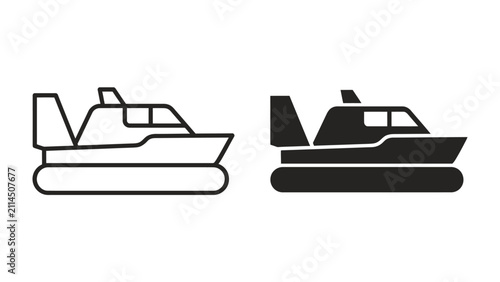 Fotografie Hovercraft Icon: A sleek hovercraft represented in both outline and solid black icon form, symbolizing modern transport and amphibious capability