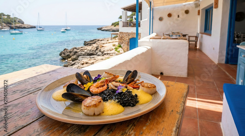 Traditional Mediterranean seafood platter served on a seaside terrace with crystal-clear ocean views, capturing coastal dining, fresh cuisine, and relaxed summer hospitality.