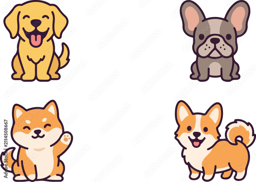 Fototapeta premium Four cartoon dog breeds in silhouette on transparent background dogs