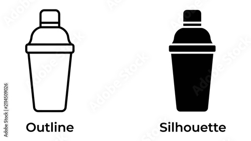 Foto Cocktail Shaker Icons: A set of two graphic icons representing a cocktail shaker, one in outline style and the other in solid silhouette, perfect for bar menus and mixology guides