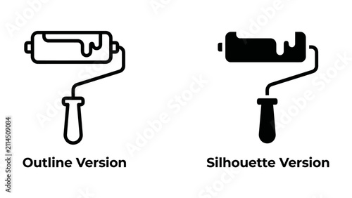 Foto Paint Roller Icons: A set of two icons depicting a paint roller, one as an outline and the other as a silhouette, symbolizing renovation and creative design