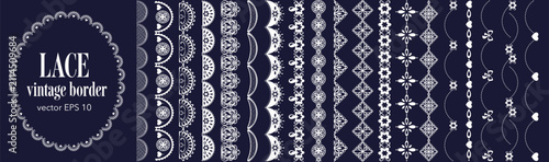 Photography Vintage lace trim border with scallop line pattern and vector brush frame