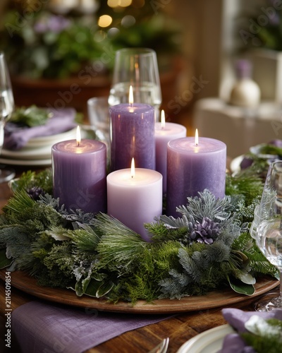 Luxury Christmas table with glowing candles and lush holiday greenery centerpiece in warm and festive atmosphere
