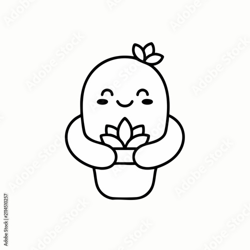 Happy vector cactus character lovingly hugging a flower pot, charming line art design.