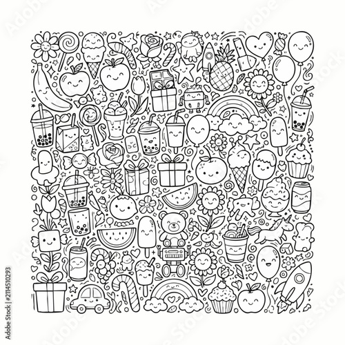 Whimsical vector doodle illustration of cute objects creating a joyful, playful pattern
