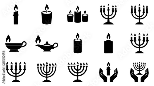 Candle and Menorah Icon Set - Flat Black Vector Illustrations
