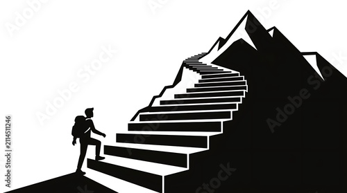 Person climbing stairs toward mountain peak