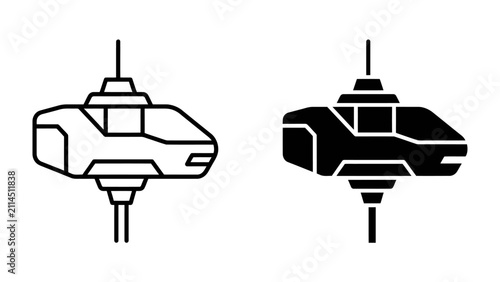 Картината върху платно Futuristic Drone Icon: A minimalist, stylized icon representing a futuristic drone or aerial vehicle, shown in both outline and solid black versions for versatility in design projects