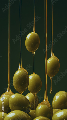 Golden olive oil drizzling over fresh green olives, creating an artistic and appetizing display. The rich texture and vibrant color suggest premium quality and delicious flavor