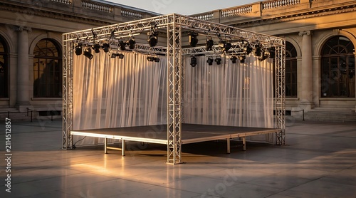 Outdoor stage structure with lighting and curtains in a courtyard setting.